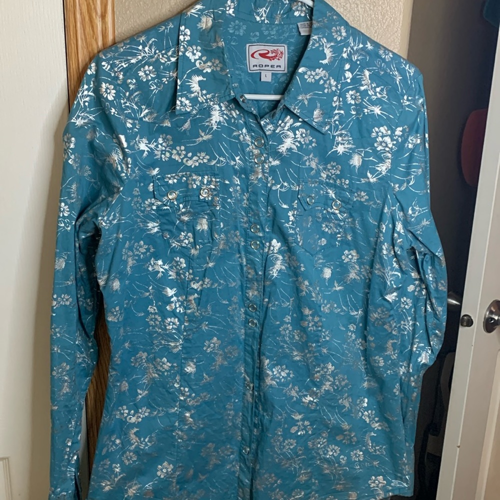 Roper Teal and Silver Floral Button Down Shirt